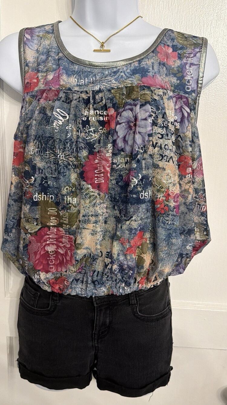 Pussycat London Sleeveless Mesh Floral Boho Blouse – Size M Graphic Print Y2K